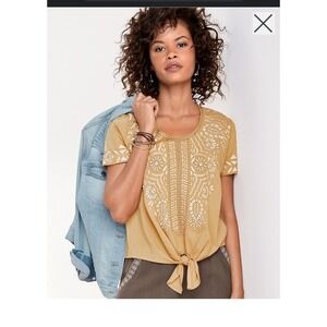 Johnny Was LA Rita knot tie yellow embroidered top.